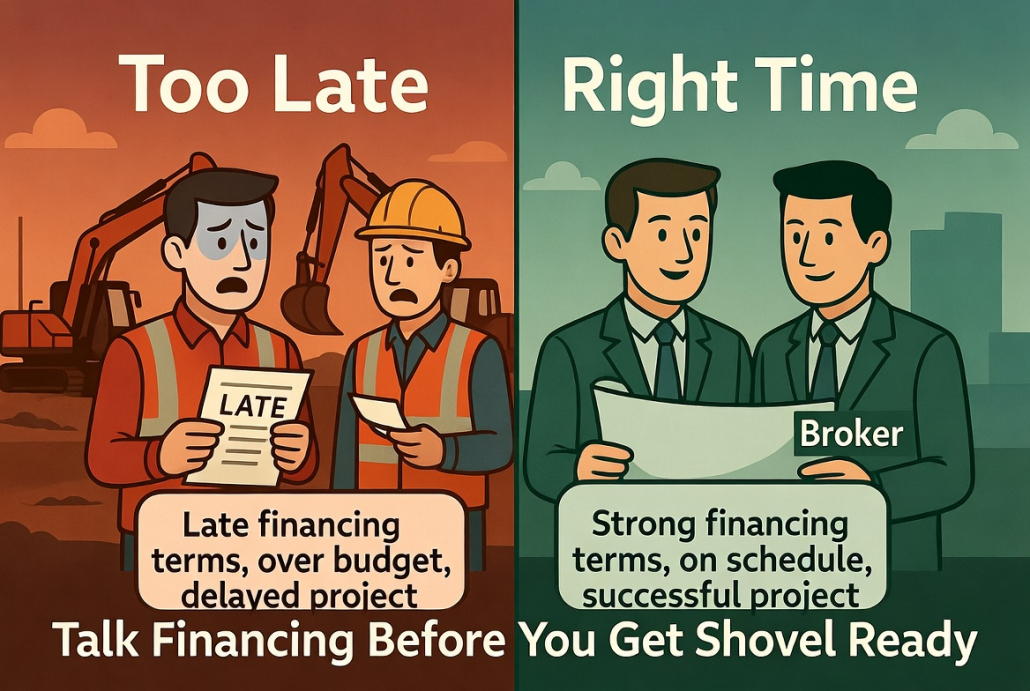 Split comparison showing the outcome of talking to a broker too late versus at the right time before starting a construction project