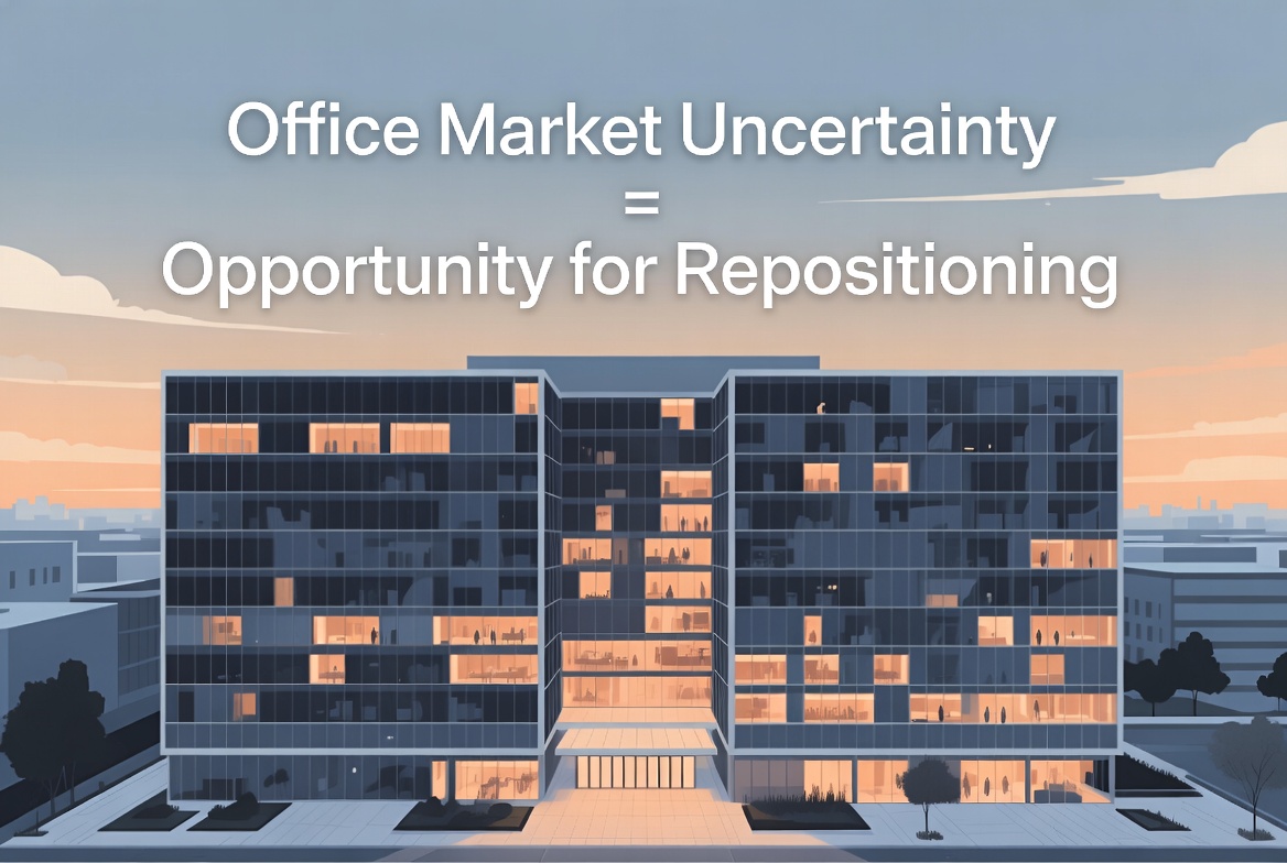 Illustrated office building at dusk with the text Office Market Uncertainty equals Opportunity for Repositioning