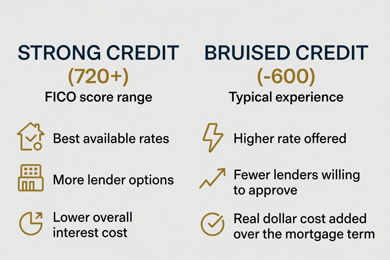 Comparison graphic showing Strong Credit 720 plus FICO score range with best available rates, more lender options, lower overall interest cost, versus Bruised Credit under 600 typical experience with higher rate offered, fewer lenders willing to approve, real dollar cost added over the mortgage term