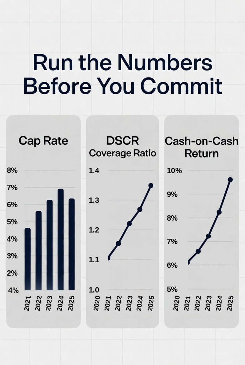 Three charts showing cap rate, DSCR coverage ratio, and cash-on-cash return trends from 2021 to 2025