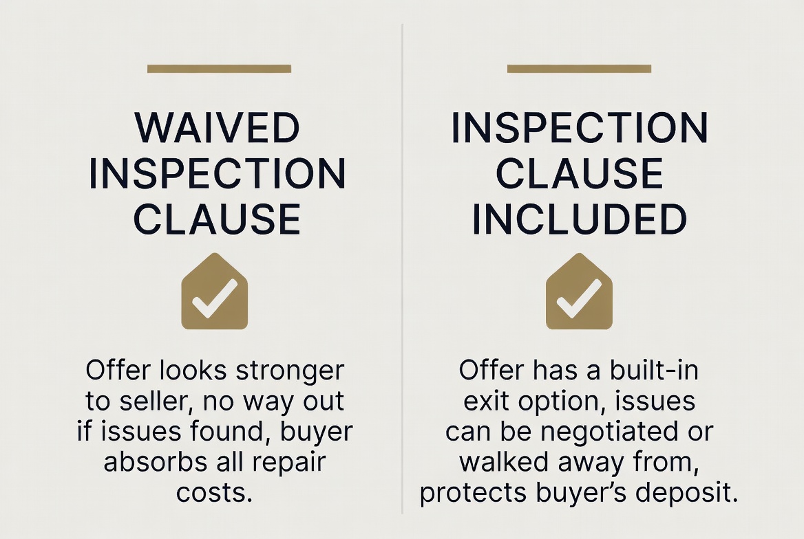 Comparison graphic showing Waived Inspection Clause meaning offer looks stronger to seller but no way out if issues found and buyer absorbs all repair costs, versus Inspection Clause Included meaning offer has a built-in exit option, issues can be negotiated or walked away from, and protects buyer's deposit