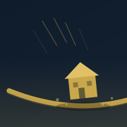 A simple house tilts against a dark blue background A simple house tilts against a dark blue background