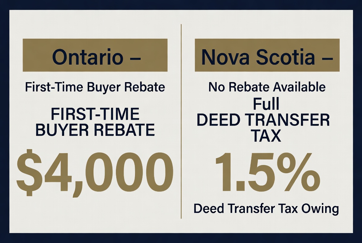 Comparison graphic showing Ontario First-Time Buyer Rebate up to $4,000 next to Nova Scotia No Rebate Available, full 1.5 percent deed transfer tax owing