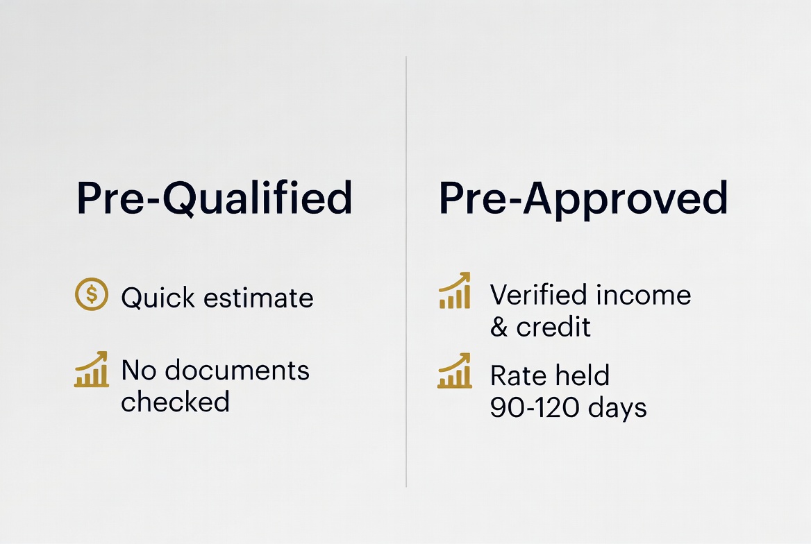 Side by side comparison graphic: Pre-Qualified labeled as a quick estimate, no documents checked, versus Pre-Approved labeled as verified income and credit, documents checked, rate held 90 to 120 days