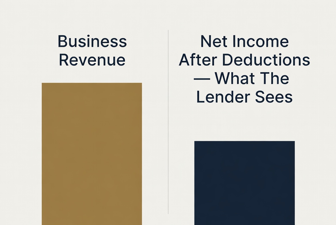 Comparison graphic showing Business Revenue at a high number on one side, and Net Income After Deductions at a much lower number on the other side, labeled What The Lender Sees