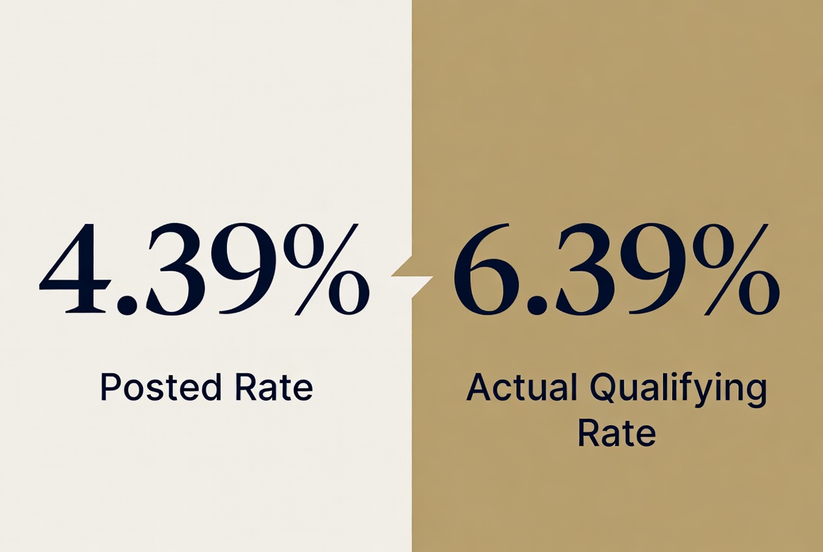 Comparison graphic showing a posted contract rate of 4.39 percent next to the actual qualifying rate of 6.39 percent