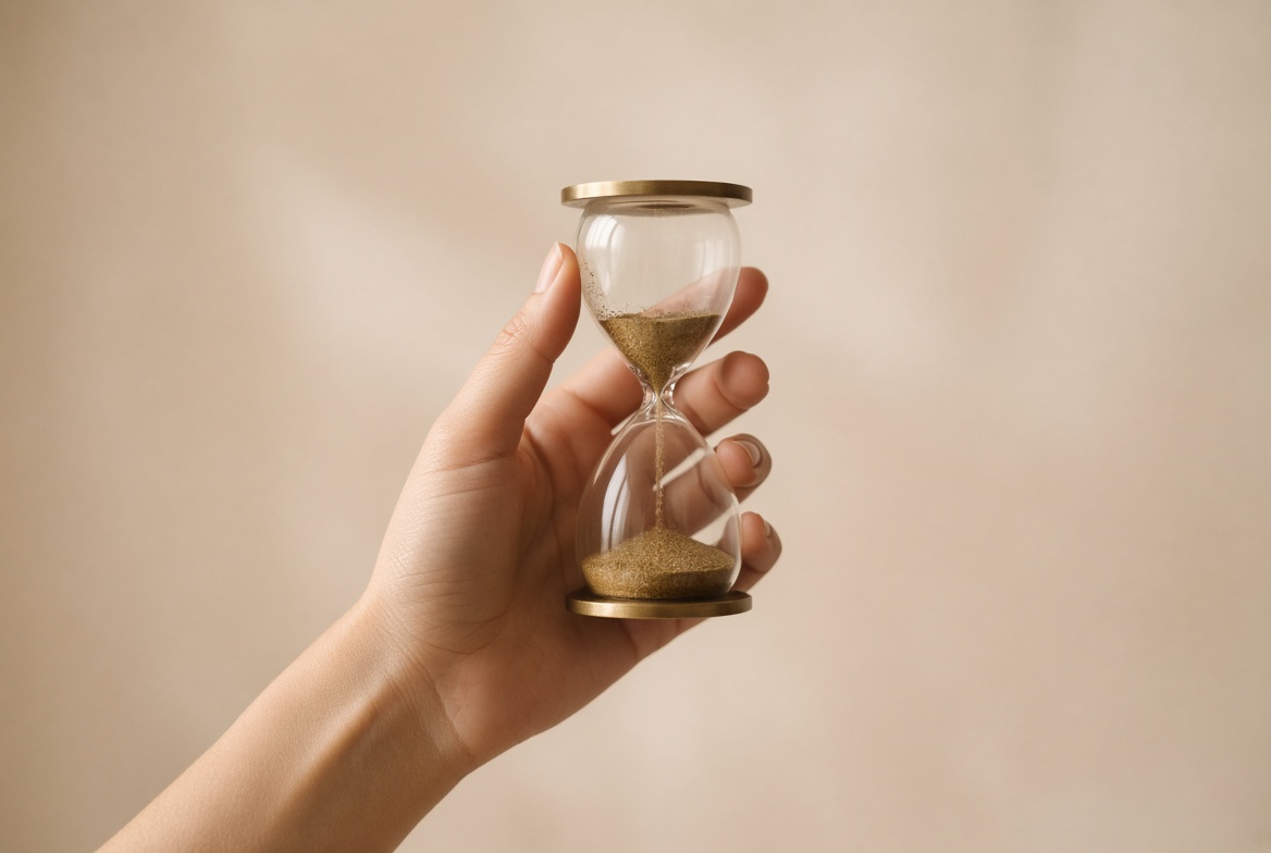 A hand holding an hourglass, sand nearly settled