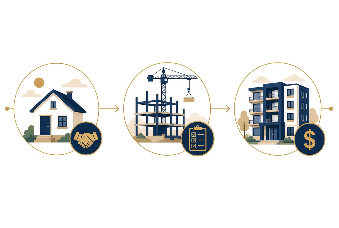 Three stages of commercial construction financing: acquisition, construction draw, and takeout mortgage