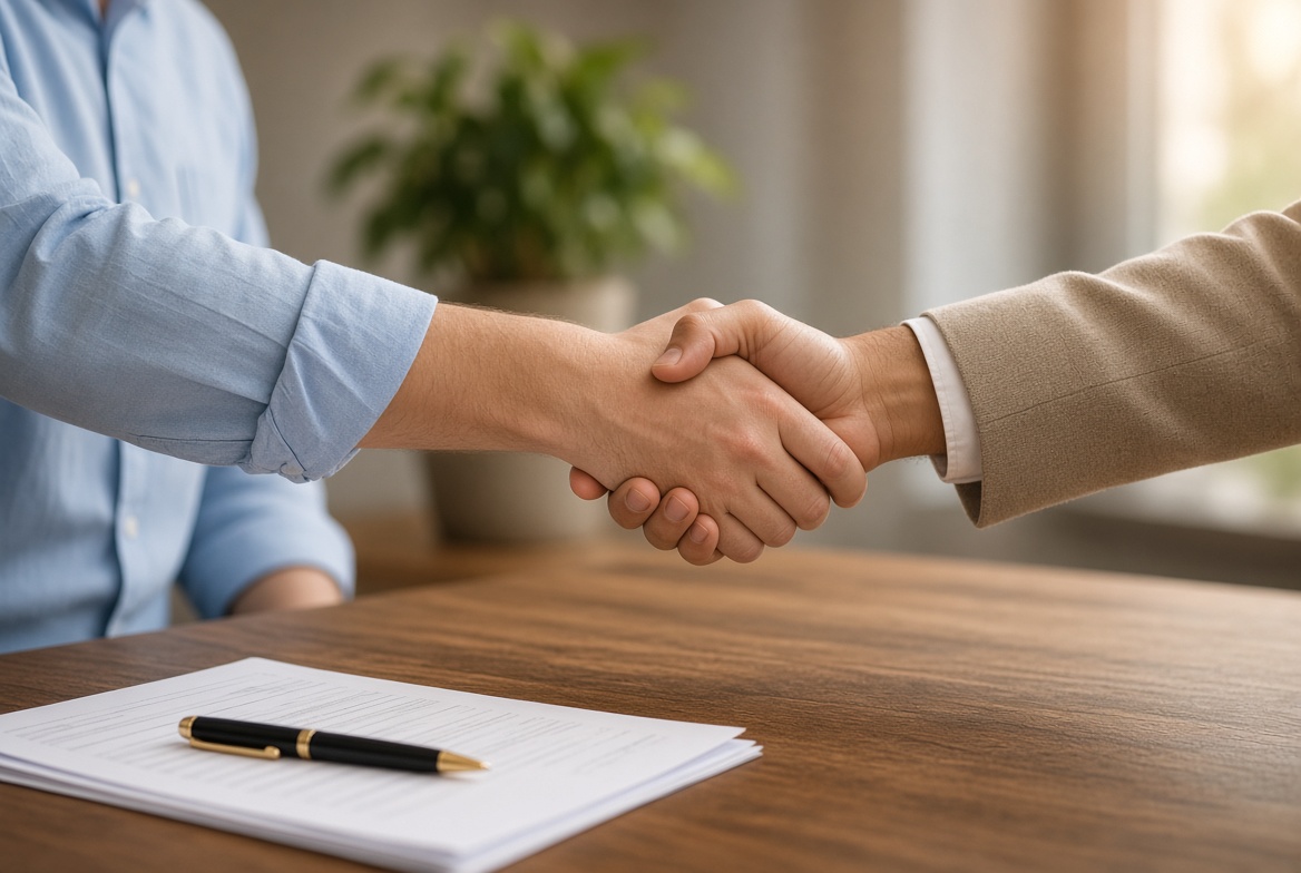 Two people shaking hands across a desk with mortgage documents and a pen
