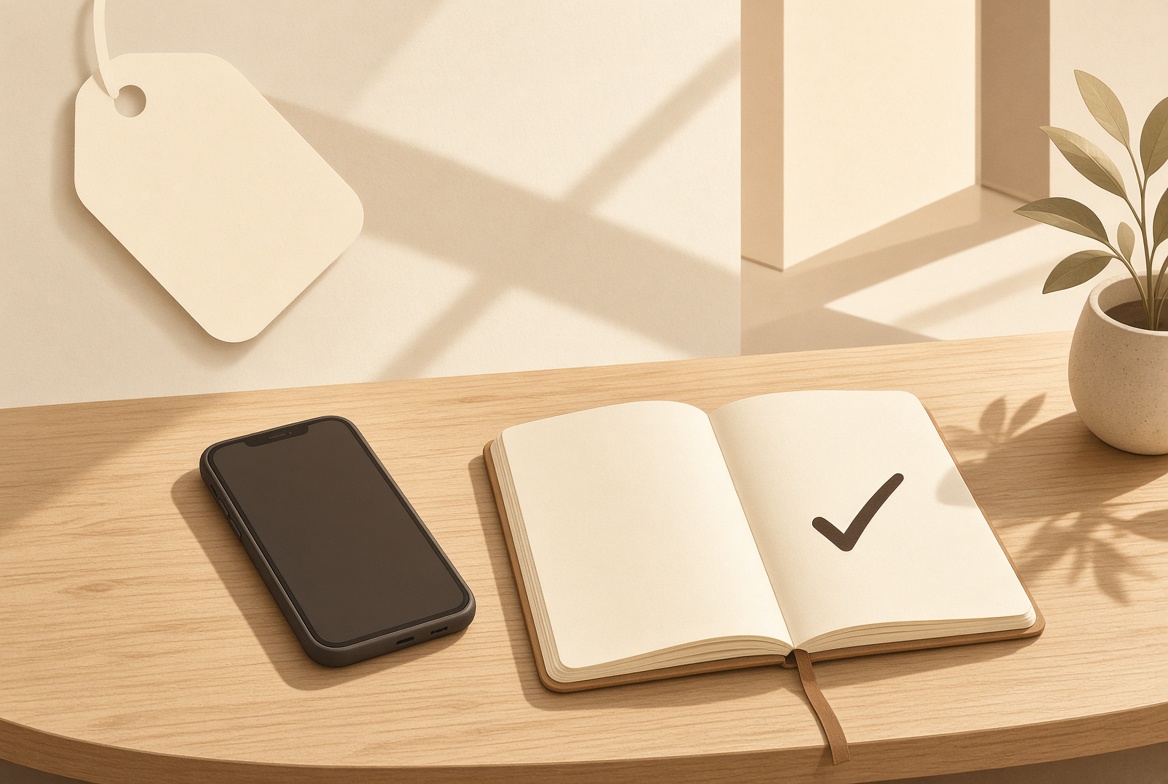A phone resting on a desk beside an open notebook with a checkmark drawn on the page, morning light