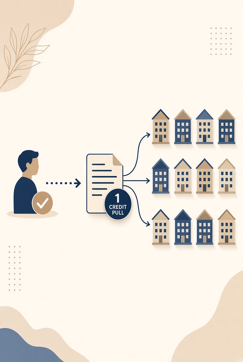 One borrower and one application fanning out with a single credit pull to dozens of lenders