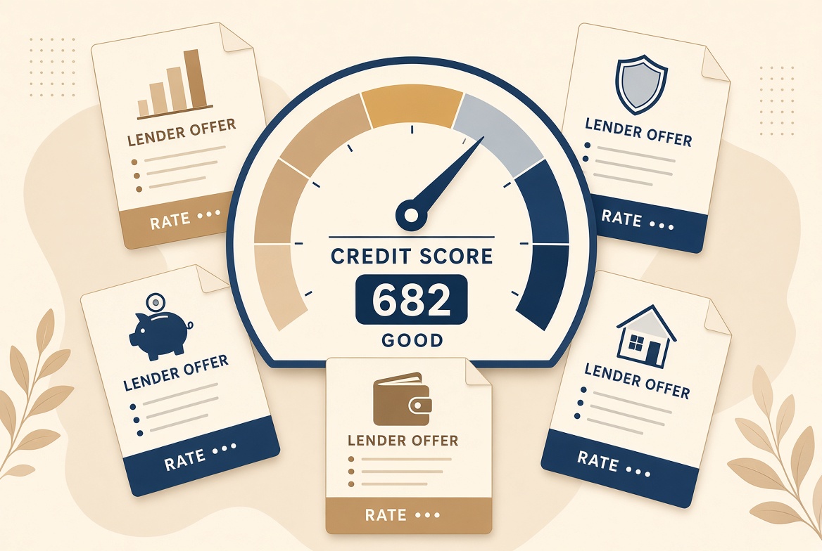 A single credit score gauge staying steady while five lender offers fan out around it