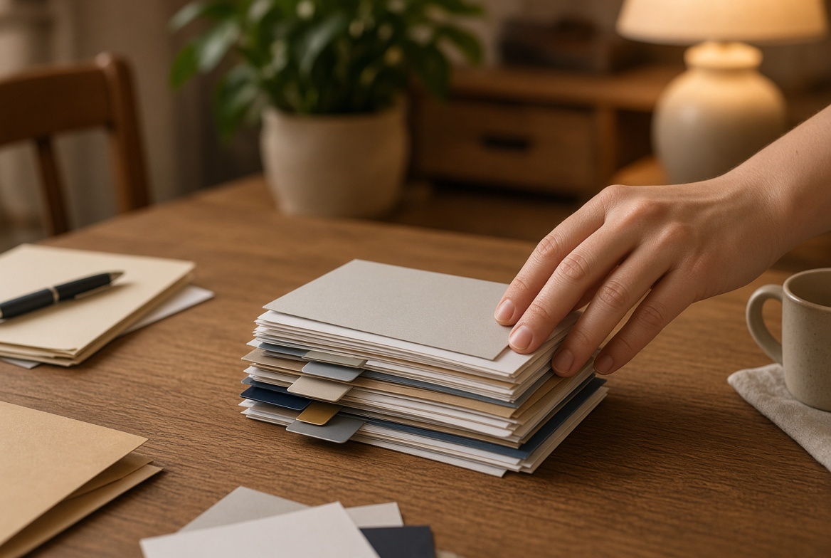 Hands gathering scattered bills and cards into one organized stack