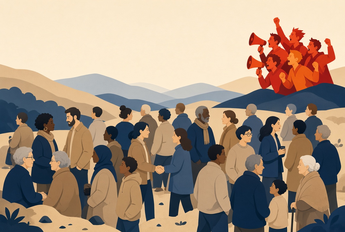 A small loud cluster of figures with megaphones in the corner of the frame, dwarfed by a much larger calm crowd of ordinary people