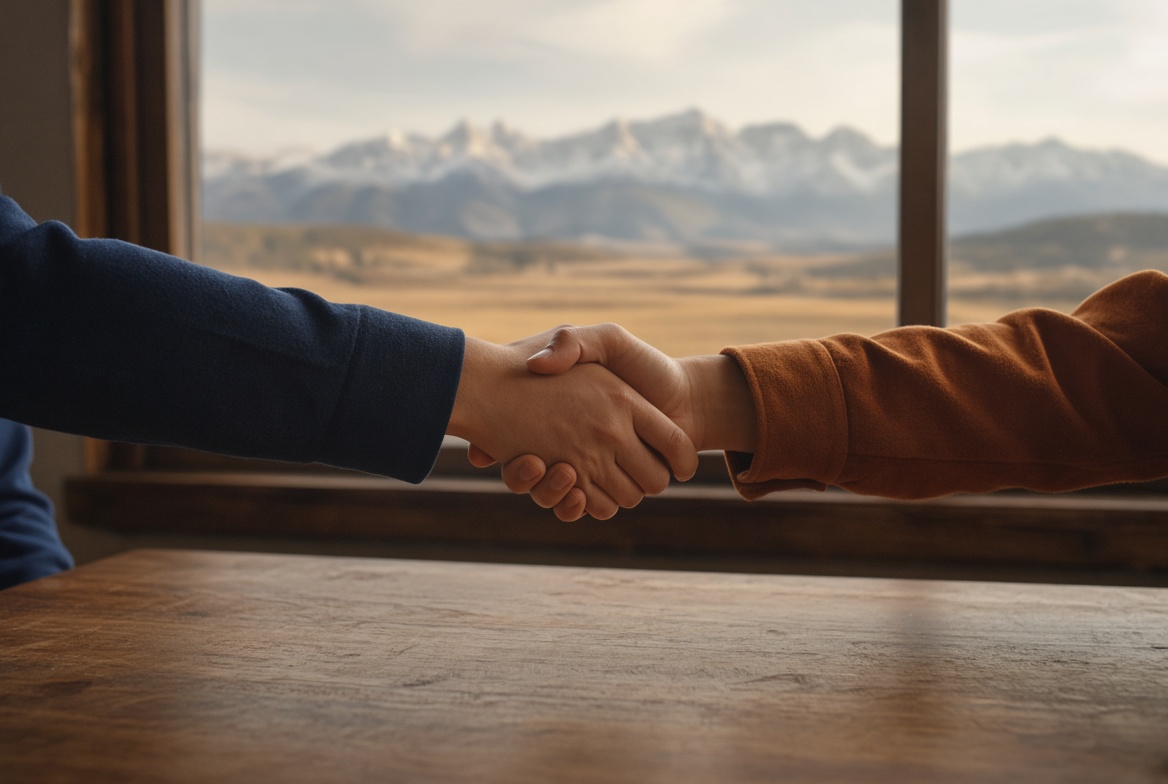 Two hands shaking across a wooden table with a mountain and prairie landscape visible through the window